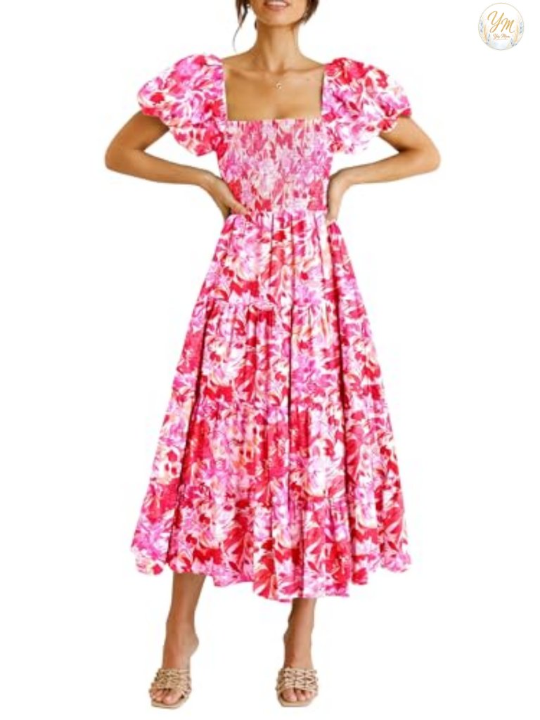 Smocked Midi Dress With Puffy Short Sleeves And Tiered Ruffle Hem